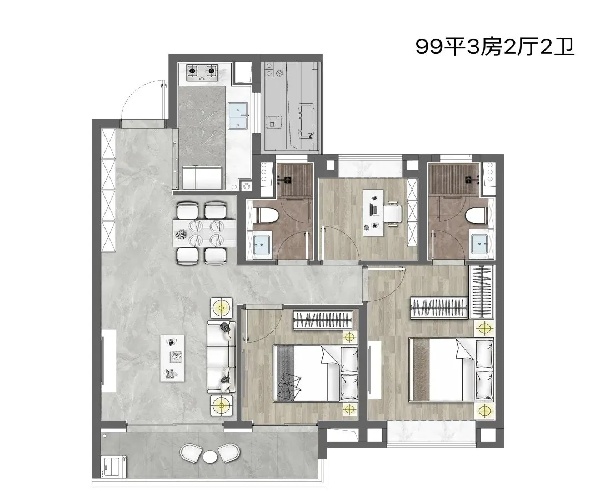 99平米户型 3室2厅2卫