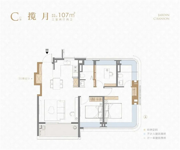 3室2厅2卫1厨， 107平米